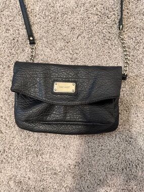 Nine West Black Textured Leather Crossbody with Gold Plate